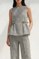 Load image into Gallery viewer, Black and White Grid Boat Neck Ruffled 2 Piece Striped Slim Fit Business Suits