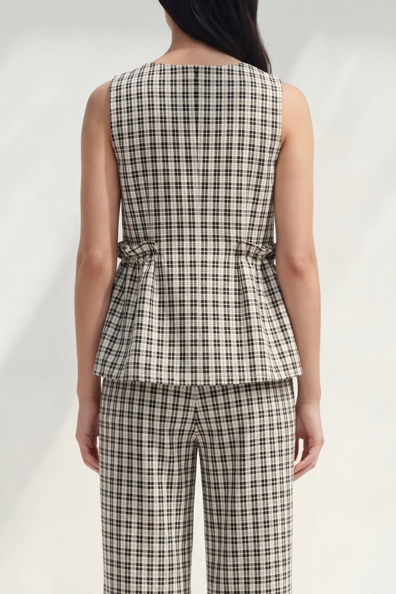 Load image into Gallery viewer, Black and White Grid Boat Neck Ruffled 2 Piece Striped Slim Fit Business Suits