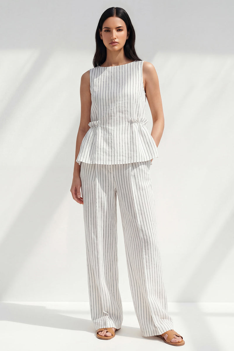 Load image into Gallery viewer, 2 Piece White Ruffled Boat Neck Striped Slim Fit Business Suits