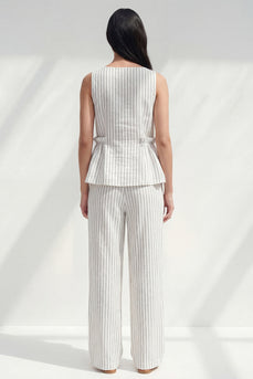 2 Piece White Ruffled Boat Neck Striped Slim Fit Business Suits