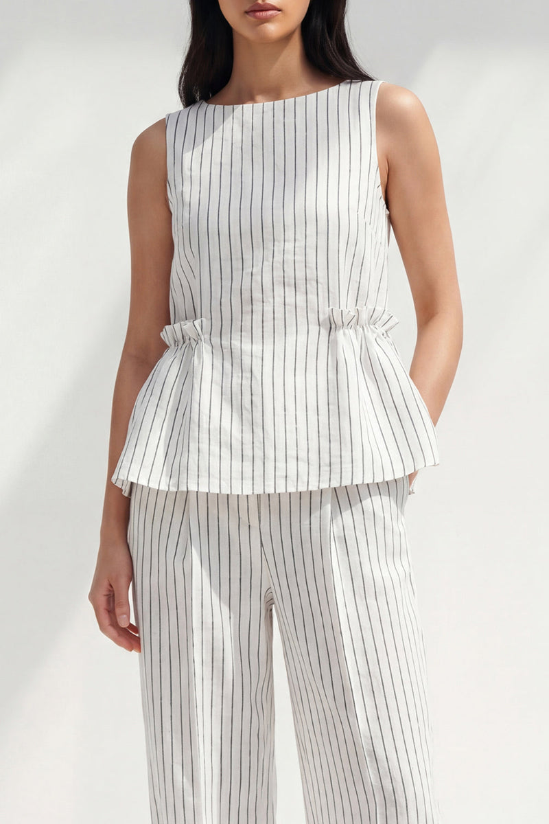 Load image into Gallery viewer, 2 Piece White Ruffled Boat Neck Striped Slim Fit Business Suits