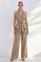 Load image into Gallery viewer, Khaki Halter 2 Piece Striped Wide Leg Business Suits with Belt