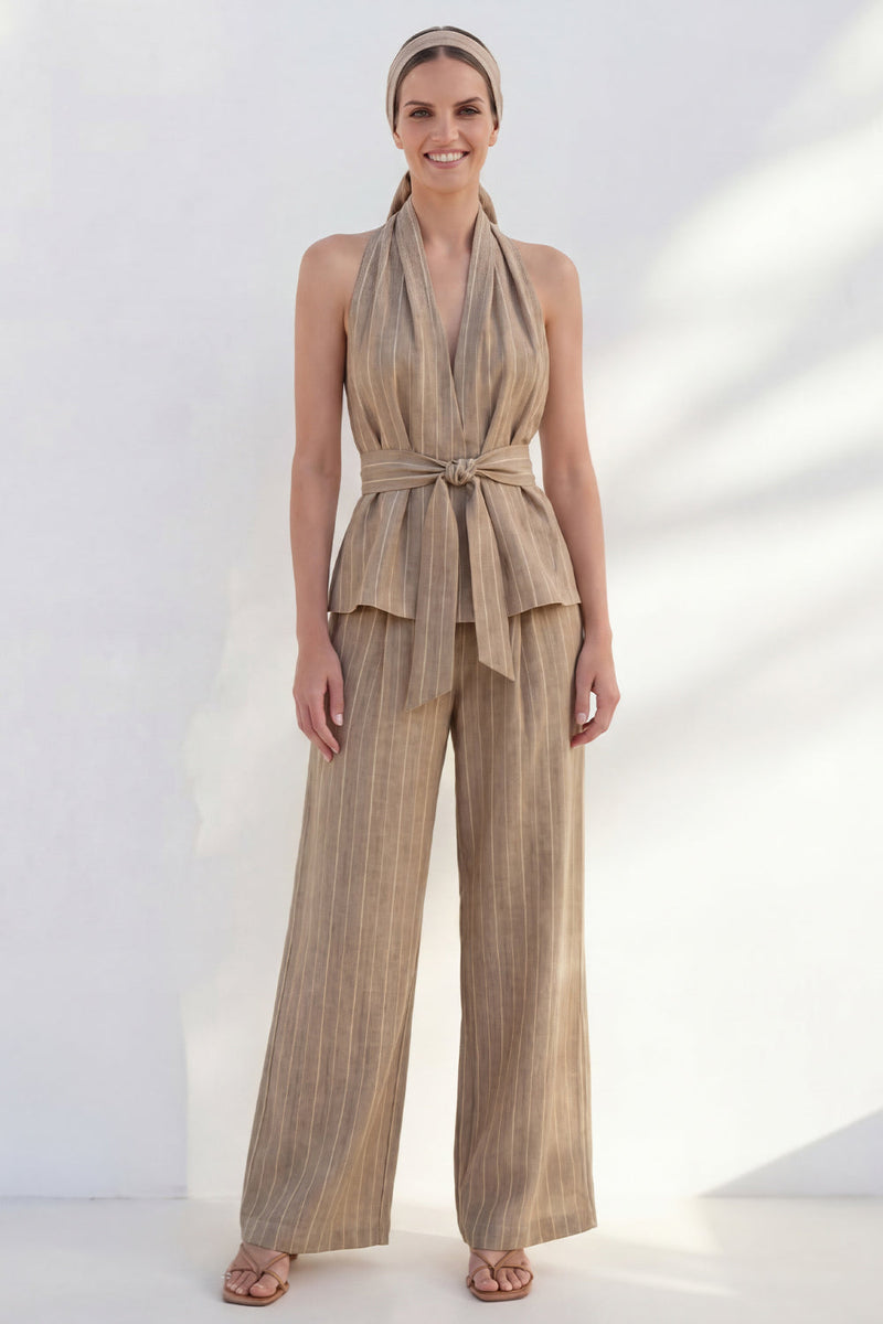 Load image into Gallery viewer, Khaki Halter 2 Piece Striped Wide Leg Business Suits with Belt