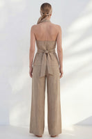 Load image into Gallery viewer, Khaki Halter 2 Piece Striped Wide Leg Business Suits with Belt