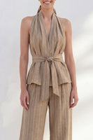 Load image into Gallery viewer, Khaki Halter 2 Piece Striped Wide Leg Business Suits with Belt