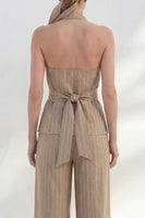 Load image into Gallery viewer, Khaki Halter 2 Piece Striped Wide Leg Business Suits with Belt