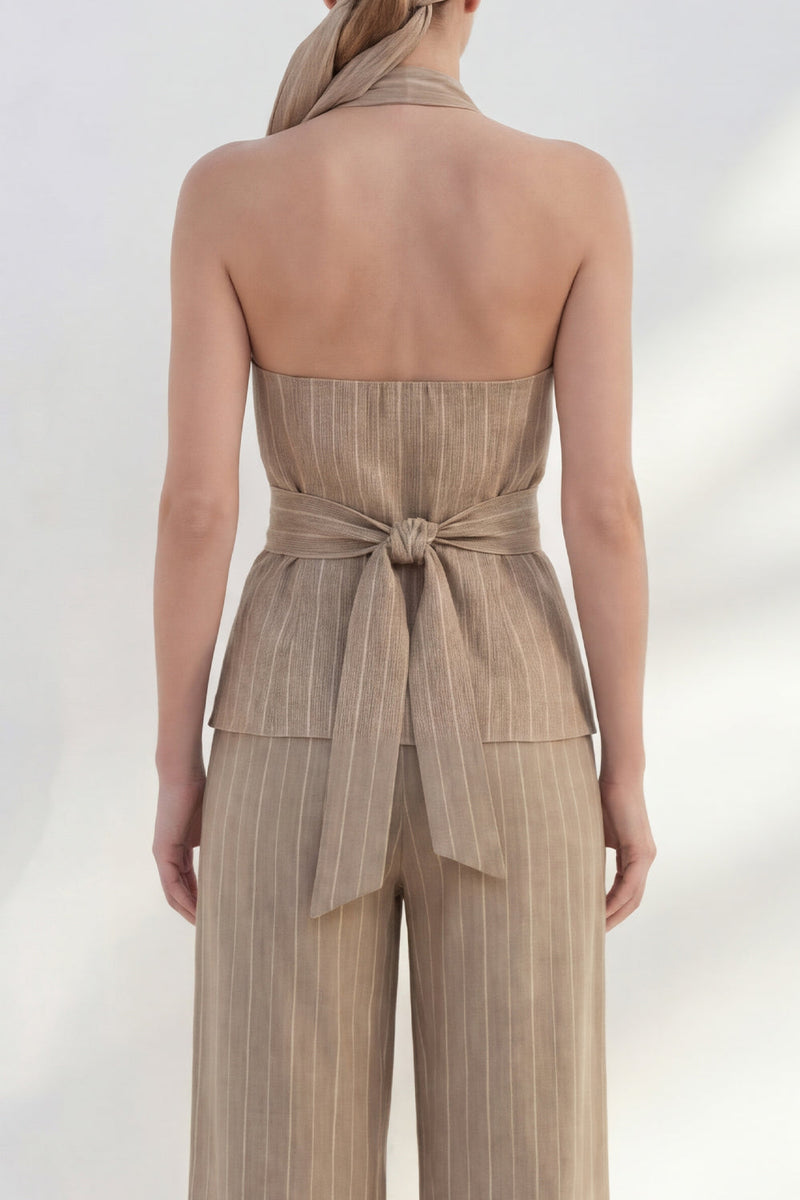 Load image into Gallery viewer, Khaki Halter 2 Piece Striped Wide Leg Business Suits with Belt