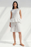 Load image into Gallery viewer, 2 Piece White Boat Neck Ruffled Striped Business Suits with Pockets