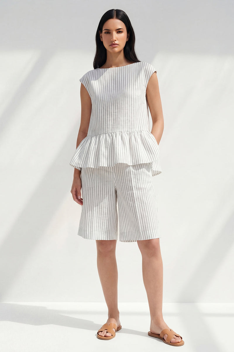 Load image into Gallery viewer, 2 Piece White Boat Neck Ruffled Striped Business Suits with Pockets