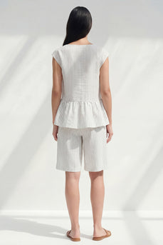 2 Piece White Boat Neck Ruffled Striped Business Suits with Pockets