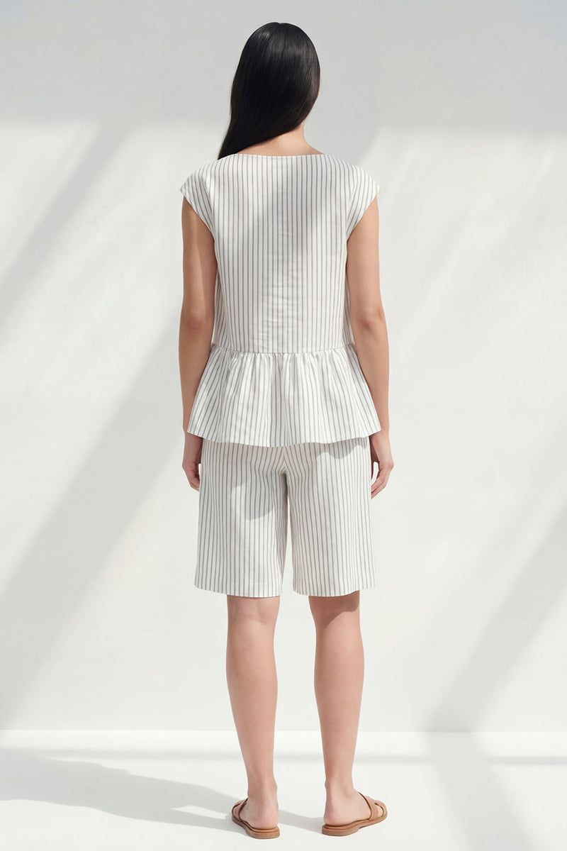 Load image into Gallery viewer, 2 Piece White Boat Neck Ruffled Striped Business Suits with Pockets