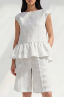 Load image into Gallery viewer, 2 Piece White Boat Neck Ruffled Striped Business Suits with Pockets