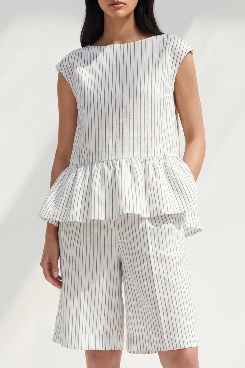 Load image into Gallery viewer, 2 Piece White Boat Neck Ruffled Striped Business Suits with Pockets