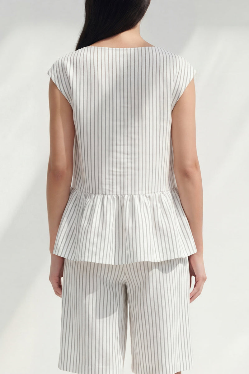 Load image into Gallery viewer, 2 Piece White Boat Neck Ruffled Striped Business Suits with Pockets
