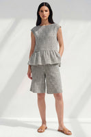 Load image into Gallery viewer, Boat Neck Black and White 2 Piece Plaid Business Suits with Ruffles