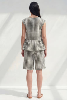 Boat Neck Black and White 2 Piece Plaid Business Suits with Ruffles