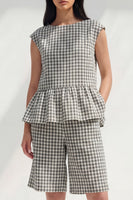 Load image into Gallery viewer, Boat Neck Black and White 2 Piece Plaid Business Suits with Ruffles