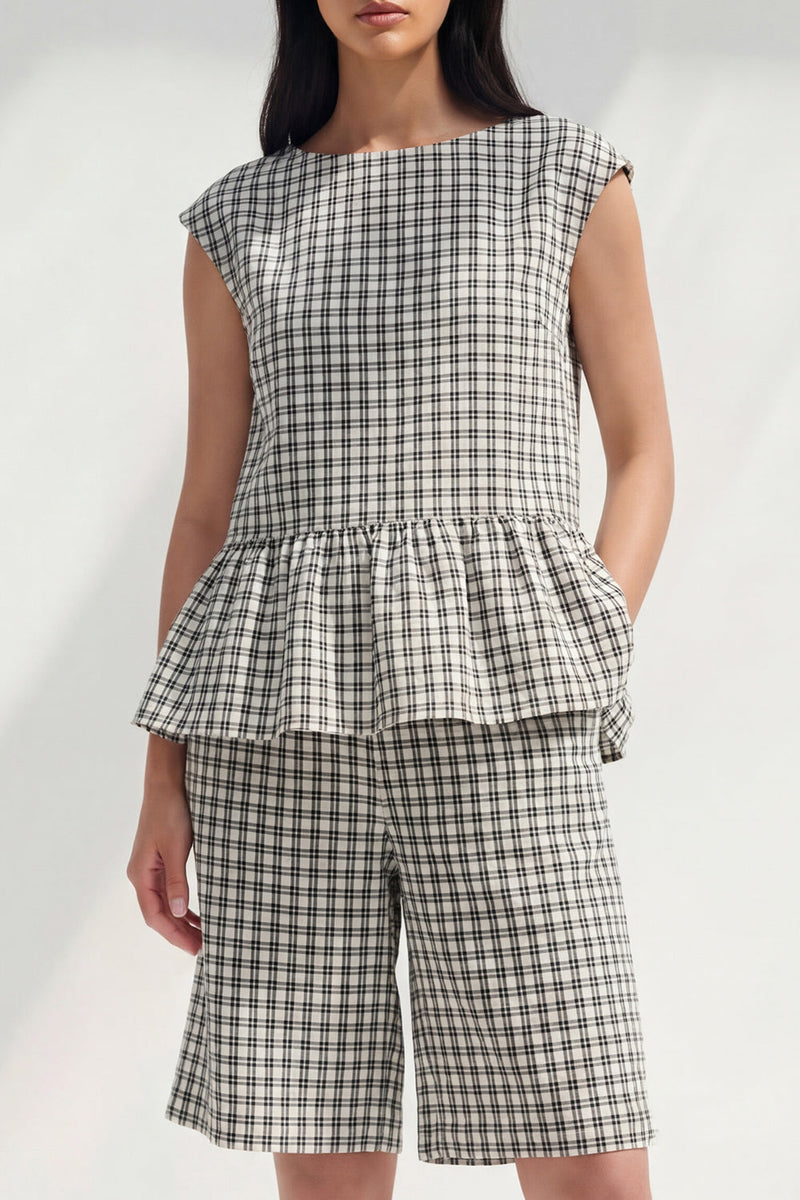 Load image into Gallery viewer, Boat Neck Black and White 2 Piece Plaid Business Suits with Ruffles