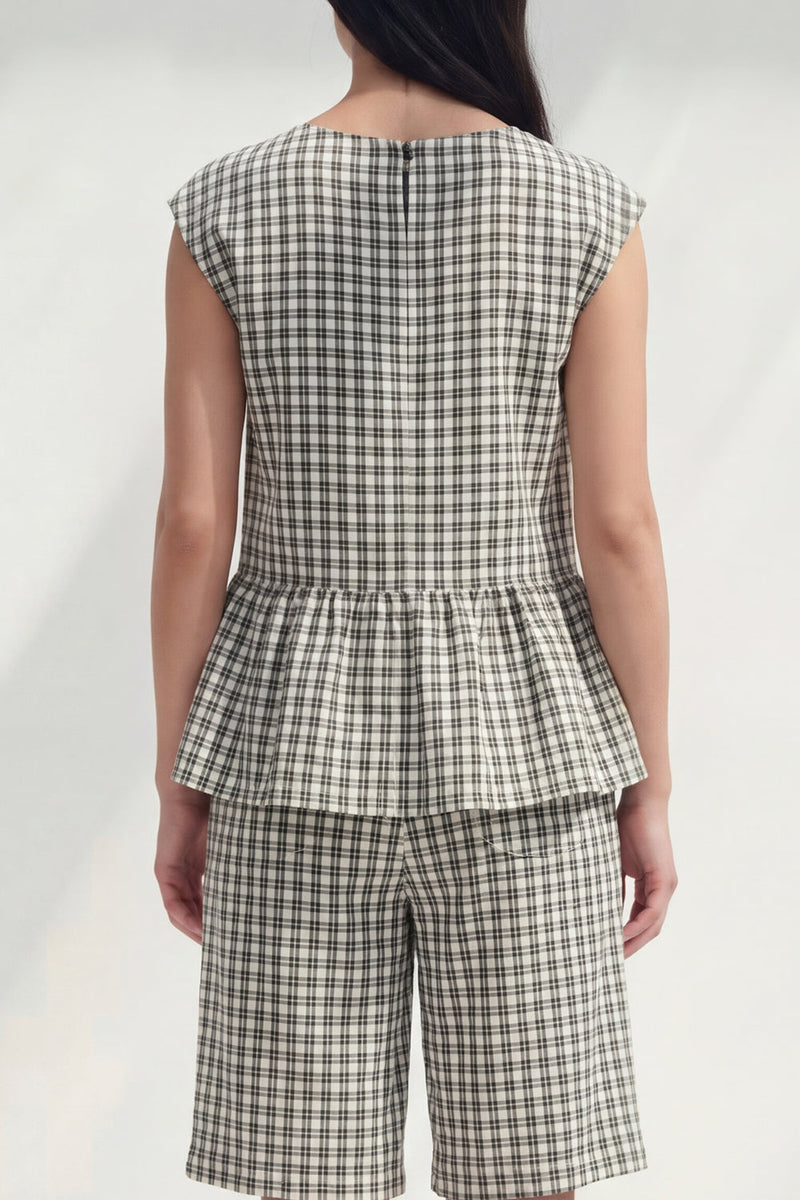 Load image into Gallery viewer, Boat Neck Black and White 2 Piece Plaid Business Suits with Ruffles