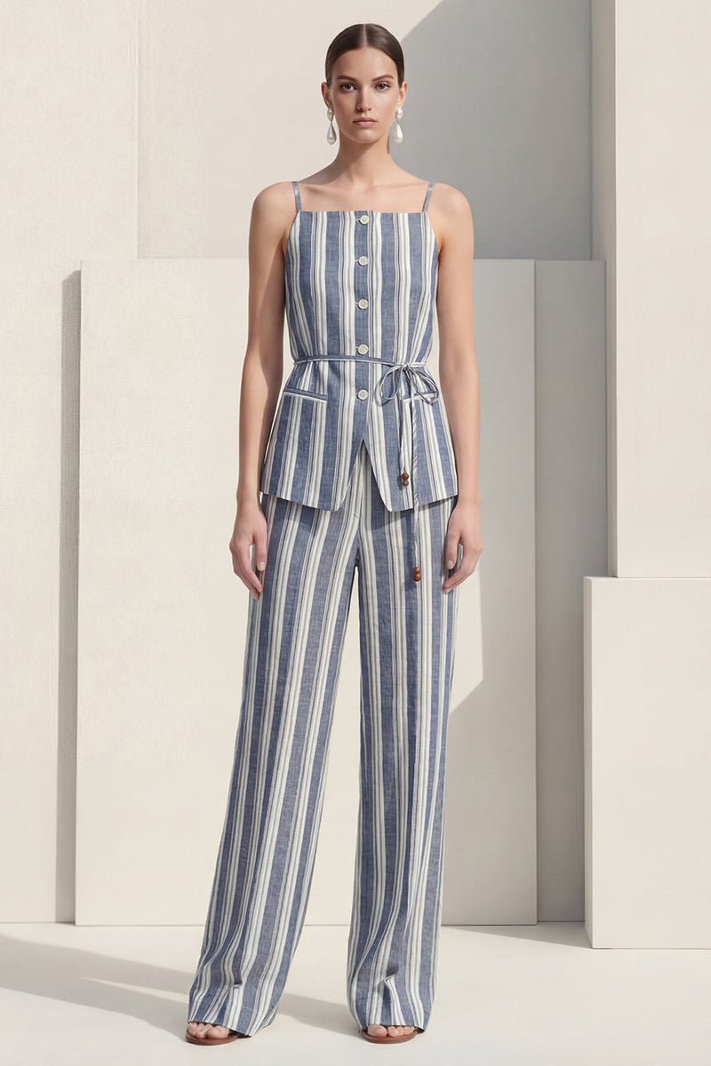 Load image into Gallery viewer, Dusty Blue Spaghetti Straps 2 Piece Striped Slim Fit Business Suits with Belt