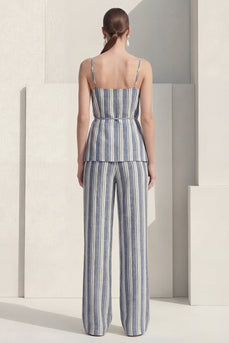 Dusty Blue Spaghetti Straps 2 Piece Striped Slim Fit Business Suits with Belt