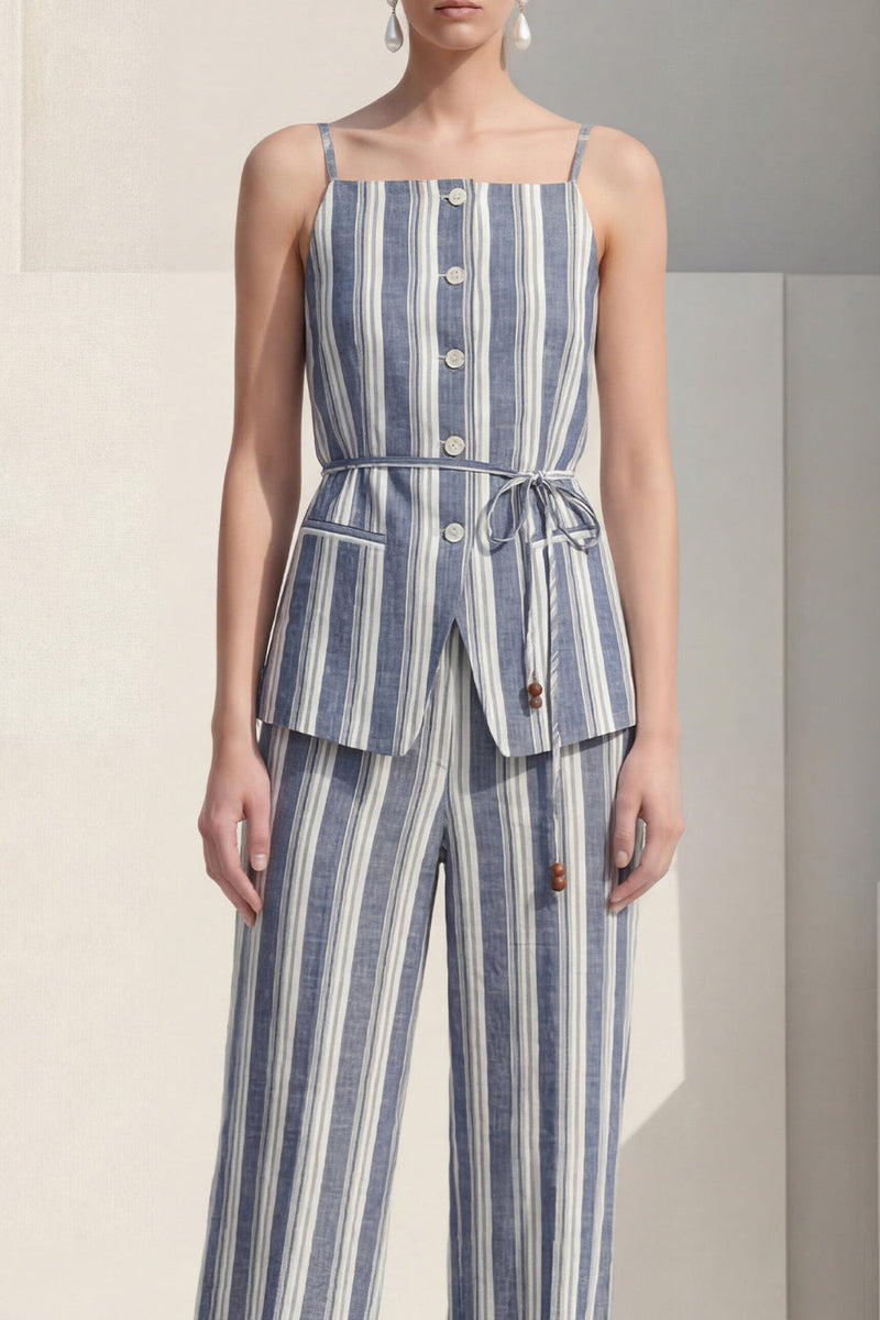 Load image into Gallery viewer, Dusty Blue Spaghetti Straps 2 Piece Striped Slim Fit Business Suits with Belt