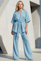 Load image into Gallery viewer, 2 Piece Blue Shawl Lapel Half Sleeves Business Suits with Belt
