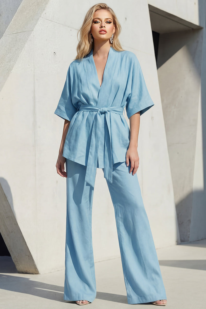 Load image into Gallery viewer, 2 Piece Blue Shawl Lapel Half Sleeves Business Suits with Belt