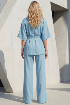 2 Piece Blue Shawl Lapel Half Sleeves Business Suits with Belt