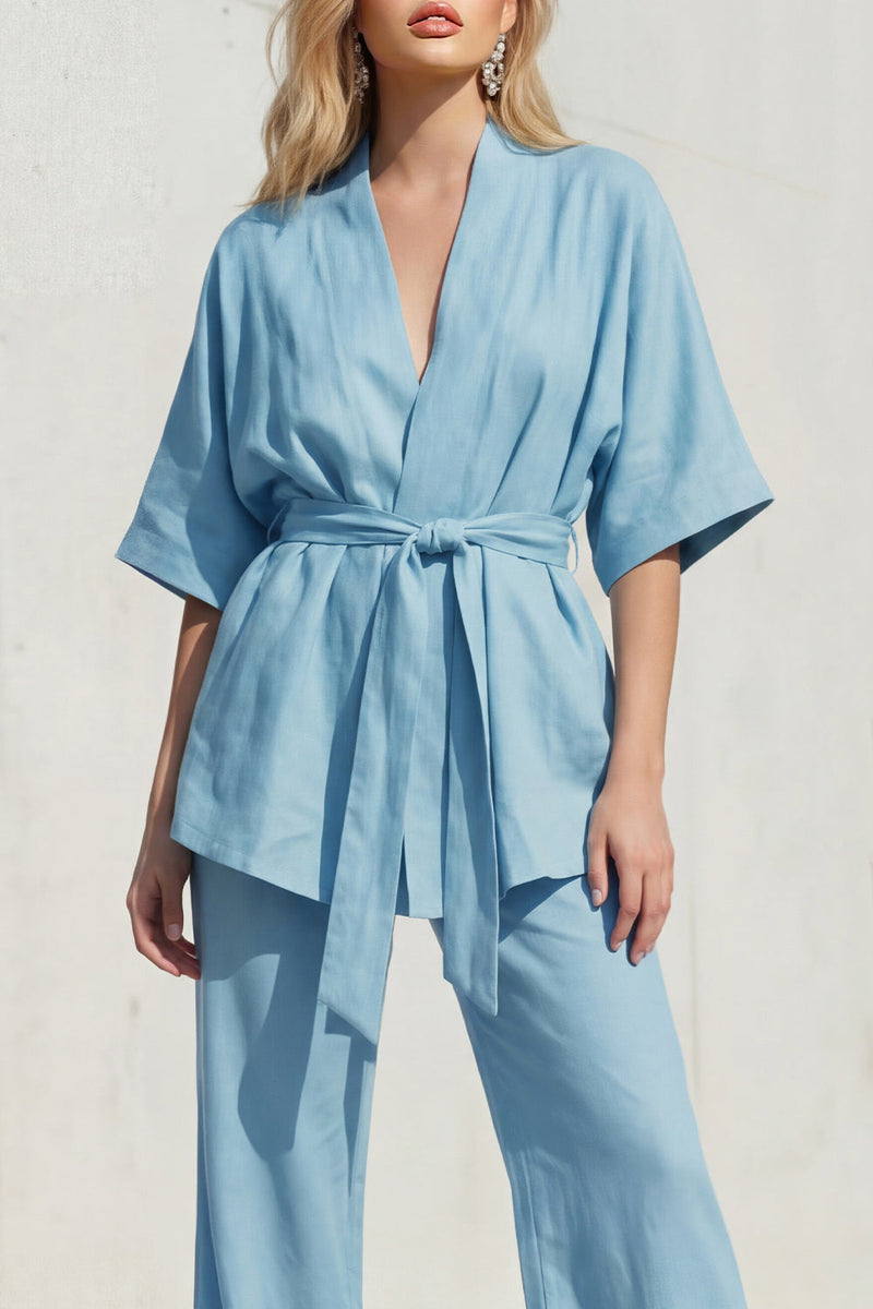 Load image into Gallery viewer, 2 Piece Blue Shawl Lapel Half Sleeves Business Suits with Belt