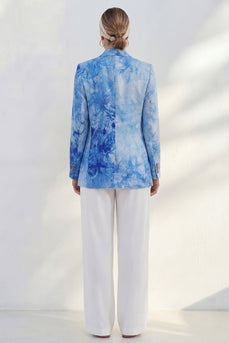 Blue Single Breasted Notched Lapel 2 Piece Printed Business Suits with Pockets