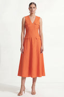 Load image into Gallery viewer, Maxi Orange V Neck Work Dress with Pockets