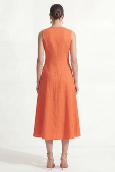 Maxi Orange V Neck Work Dress with Pockets