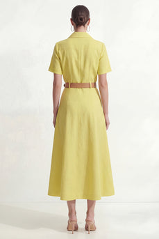 Lemon Yellow Lapel Neck Short Sleeves Work Shirt Dress with Belt