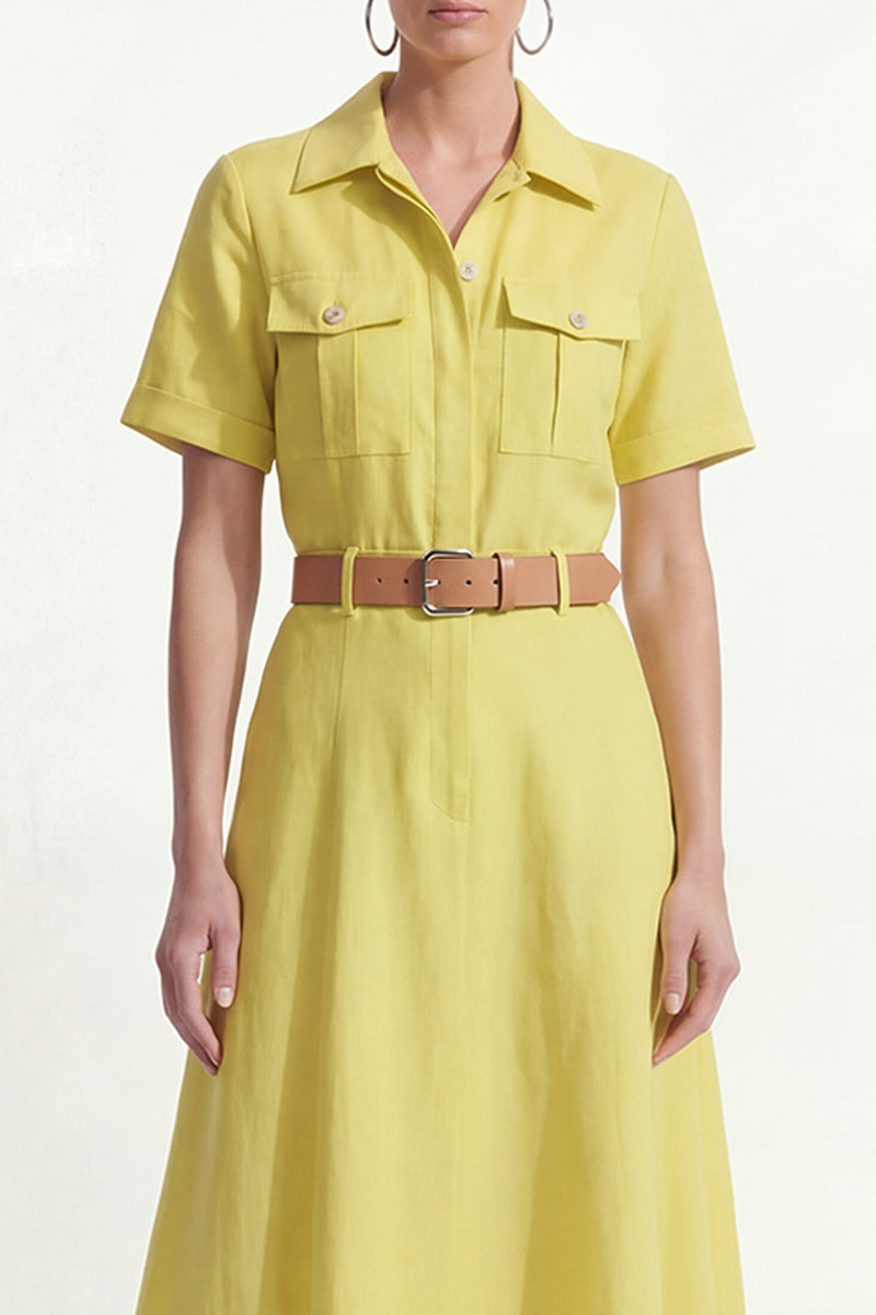 Load image into Gallery viewer, Lemon Yellow Lapel Neck Short Sleeves Work Shirt Dress with Belt