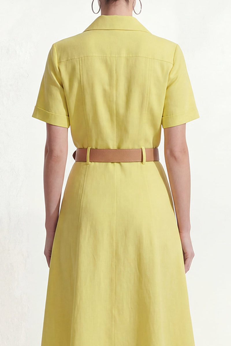 Load image into Gallery viewer, Lemon Yellow Lapel Neck Short Sleeves Work Shirt Dress with Belt
