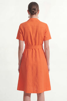 Orange Notched Lapel Short Sleeves Single Breasted Work Dress with Belt