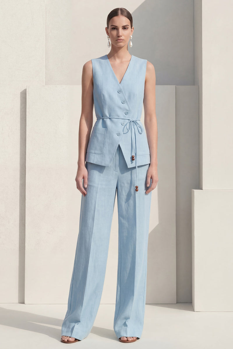 Load image into Gallery viewer, Blue Shawl Lapel 2 Piece Single Breasted Wide Leg Business Suits with Belt
