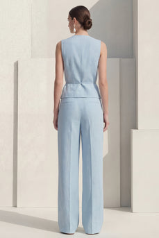 Blue Shawl Lapel 2 Piece Single Breasted Wide Leg Business Suits with Belt