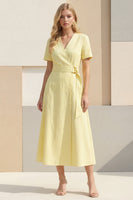 Load image into Gallery viewer, Light Yellow Shawl Lapel Short Sleeves Work Dress with Sash