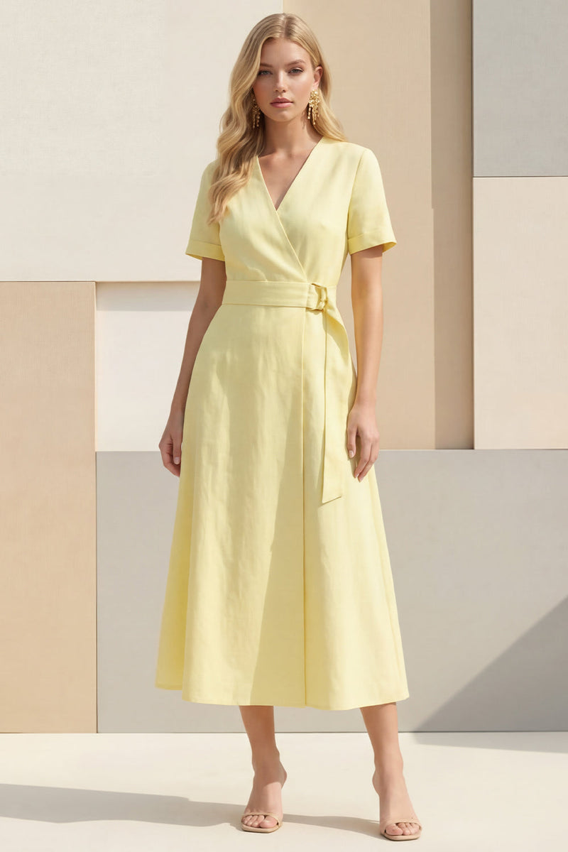 Load image into Gallery viewer, Light Yellow Shawl Lapel Short Sleeves Work Dress with Sash