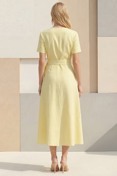 Light Yellow Shawl Lapel Short Sleeves Work Dress with Sash