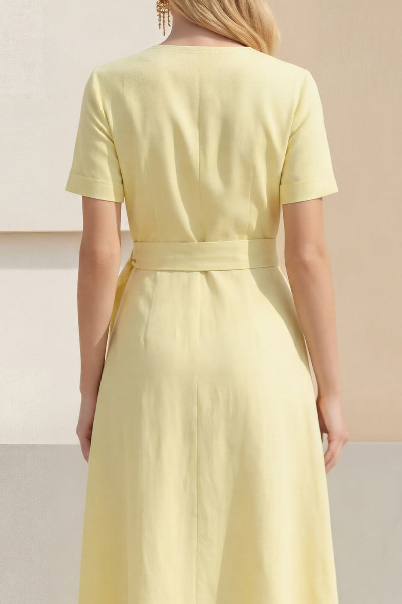 Load image into Gallery viewer, Light Yellow Shawl Lapel Short Sleeves Work Dress with Sash