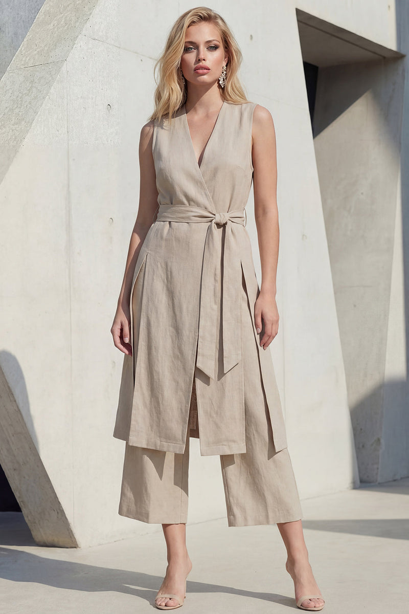 Load image into Gallery viewer, Shawl Lapel 2 Piece Khaki Wide Leg Business Suits with Belt