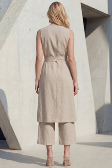 Shawl Lapel 2 Piece Khaki Wide Leg Business Suits with Belt