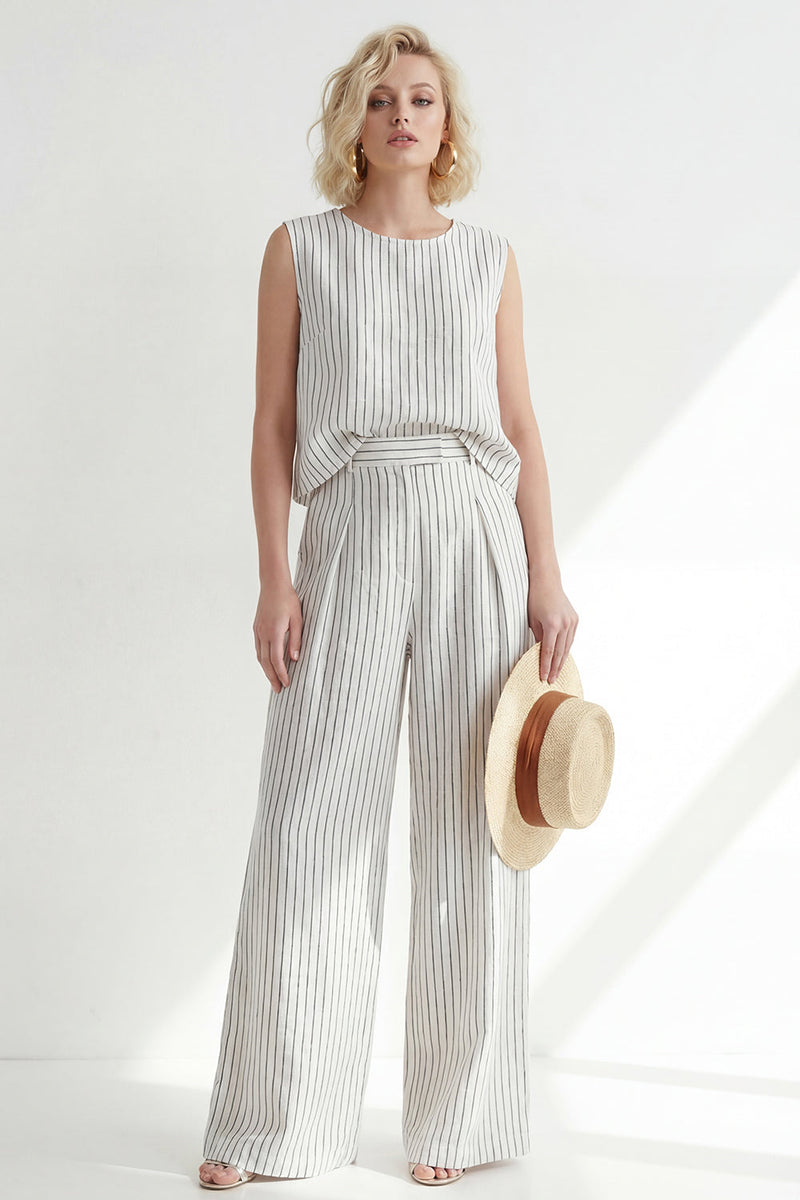 Load image into Gallery viewer, White 2 Piece Round Neck Striped Wide Leg Business Suits