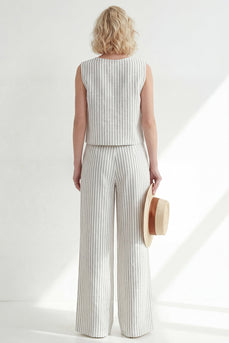 White 2 Piece Round Neck Striped Wide Leg Business Suits