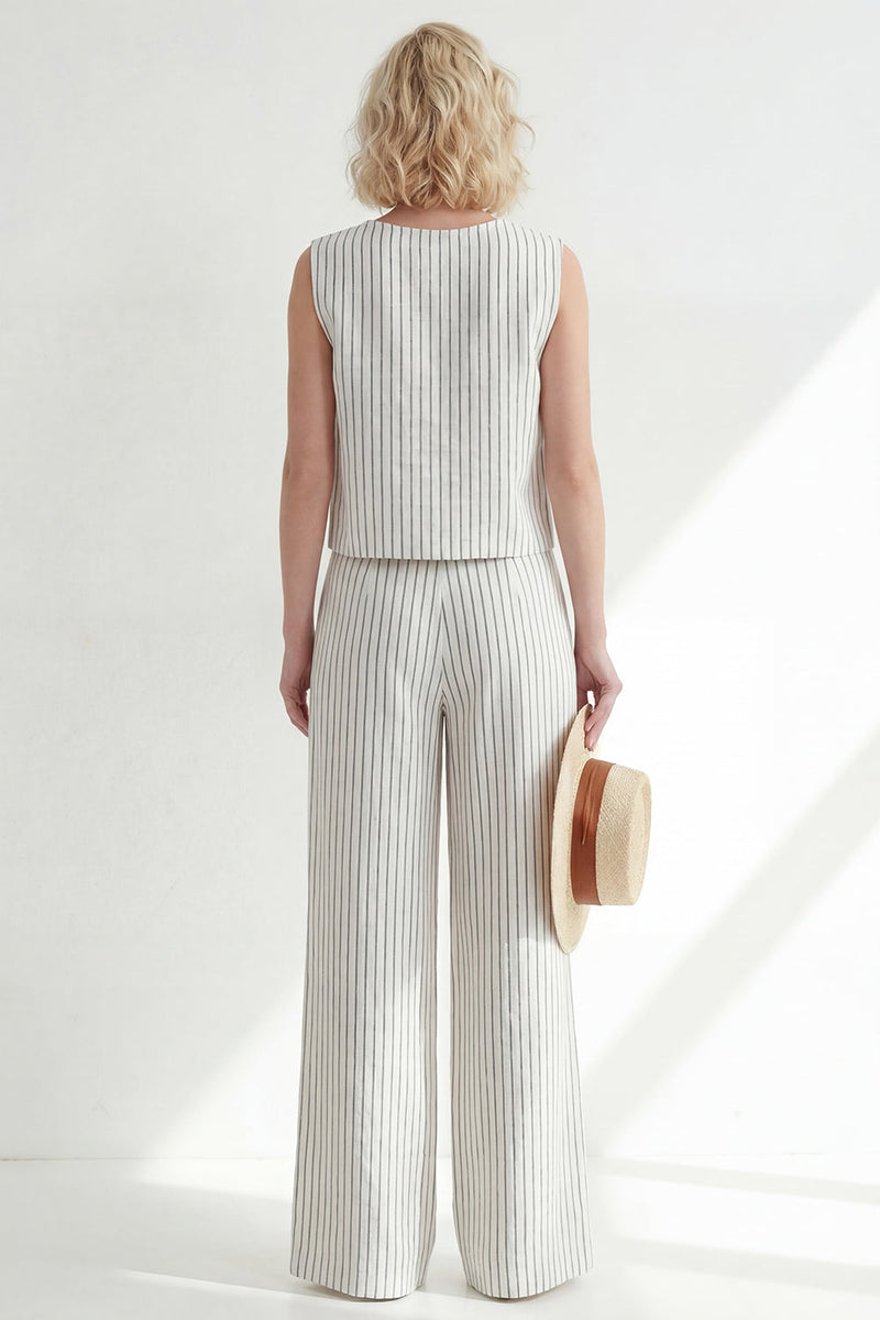 Load image into Gallery viewer, White 2 Piece Round Neck Striped Wide Leg Business Suits