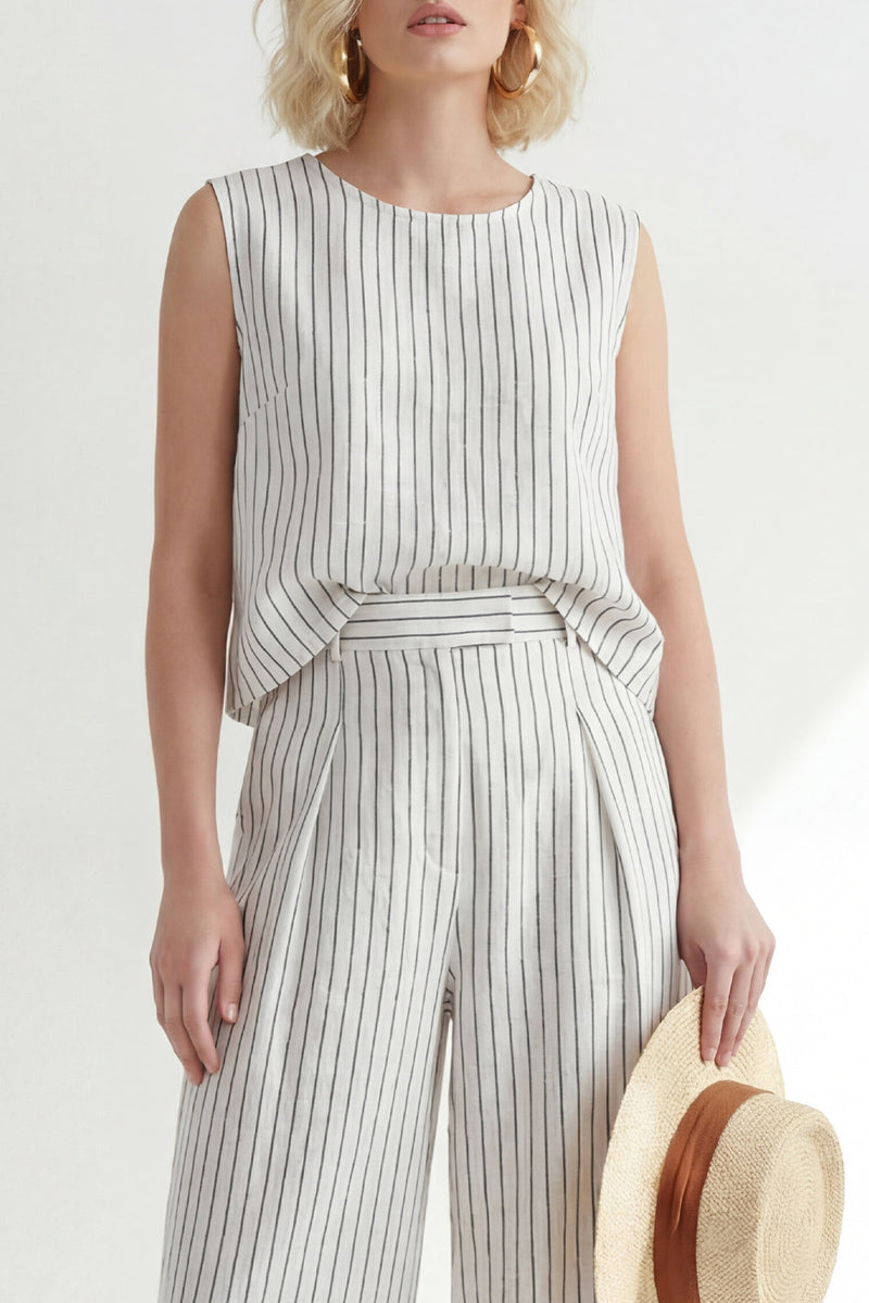 Load image into Gallery viewer, White 2 Piece Round Neck Striped Wide Leg Business Suits