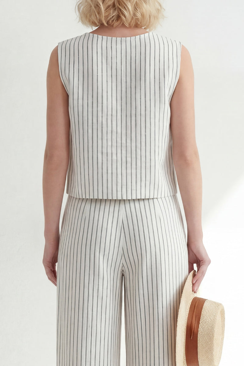Load image into Gallery viewer, White 2 Piece Round Neck Striped Wide Leg Business Suits